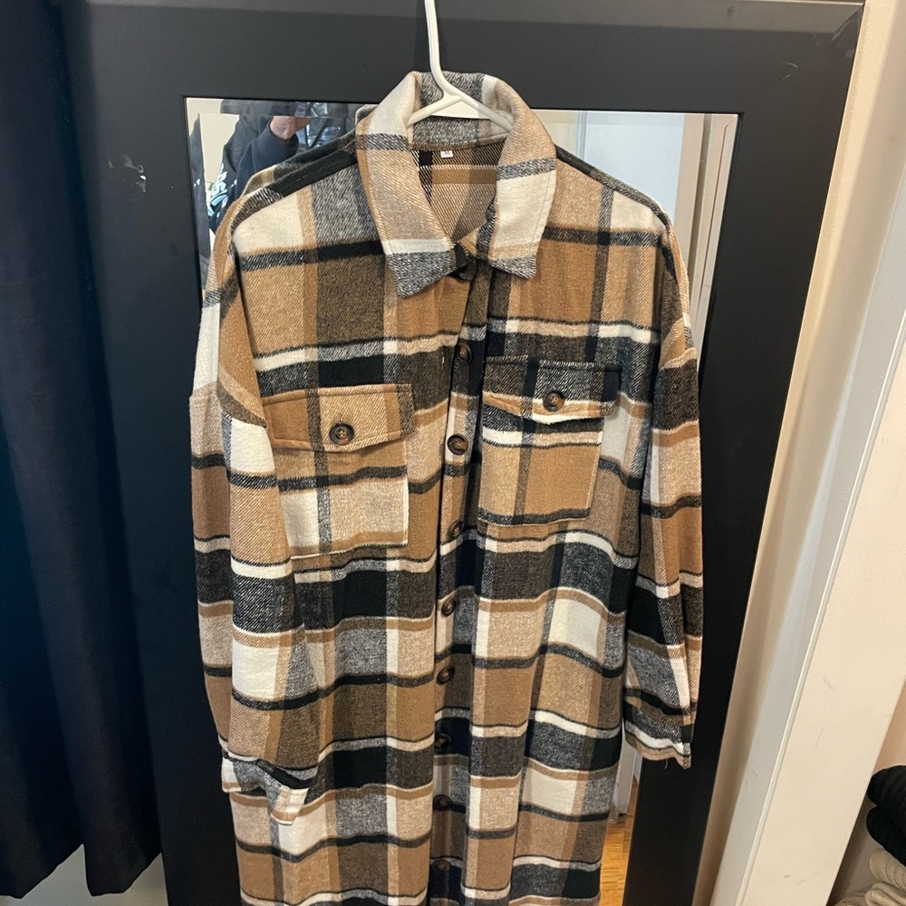 Plaid Tan and Black Women long flannel Shirt